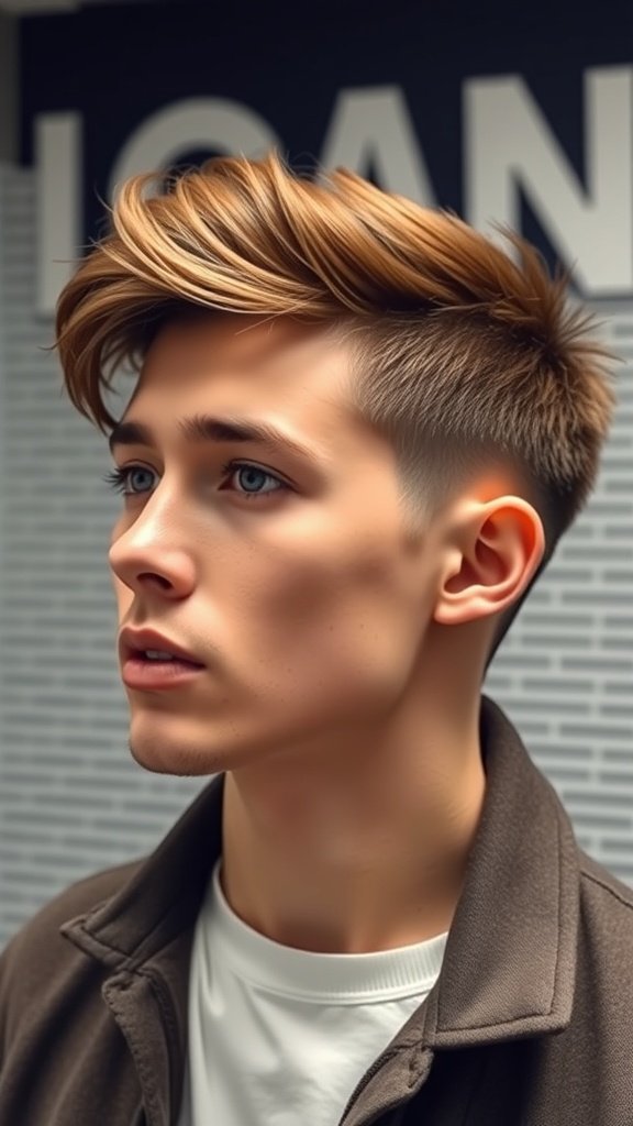 A young man with a quiff hairstyle featuring short sides, showcasing a modern and stylish look.