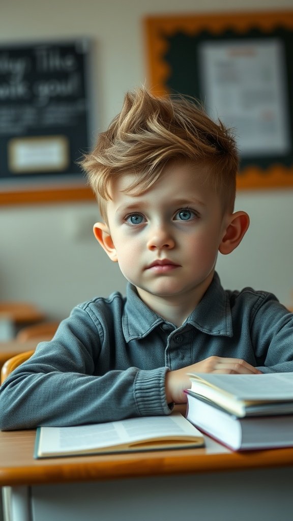 A young boy with a quiffed hairstyle sitting at a desk with books.
