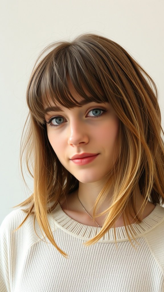 A young person with relaxed medium-length hair and a fringe, showcasing a casual and stylish look.