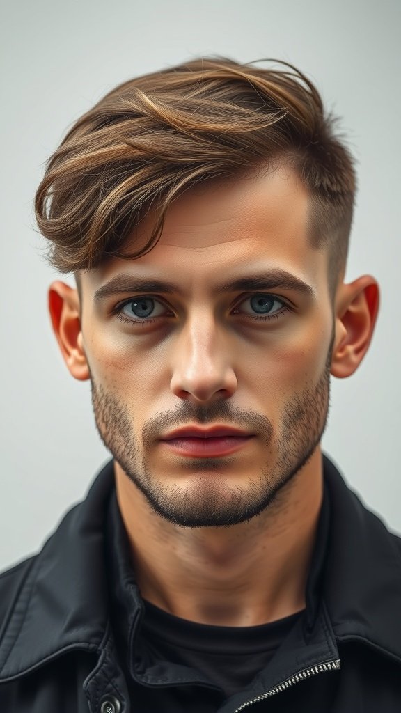 A man with a retro crew cut hairstyle, showcasing thick hair styled with volume and texture.