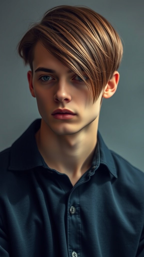 A young man with a retro mid-fade haircut, featuring longer hair styled to one side.
