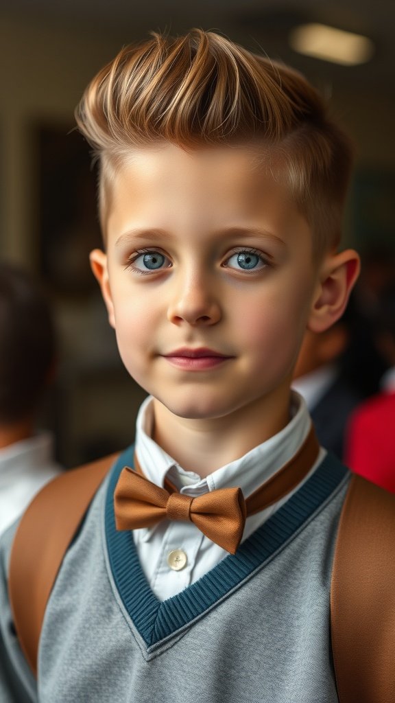A young boy with a retro pompadour hairstyle, wearing a bow tie and a sweater, looking stylish for back to school.