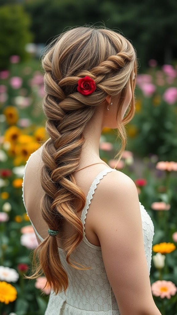 A woman with a romantic side braid adorned with a red rose, surrounded by colorful flowers.