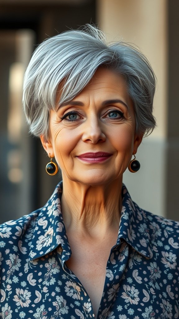 A woman with a stylish short haircut, wearing a floral shirt and bold earrings, smiling confidently.