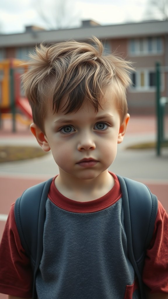 A young boy with a shaggy haircut, looking stylish and ready for school.