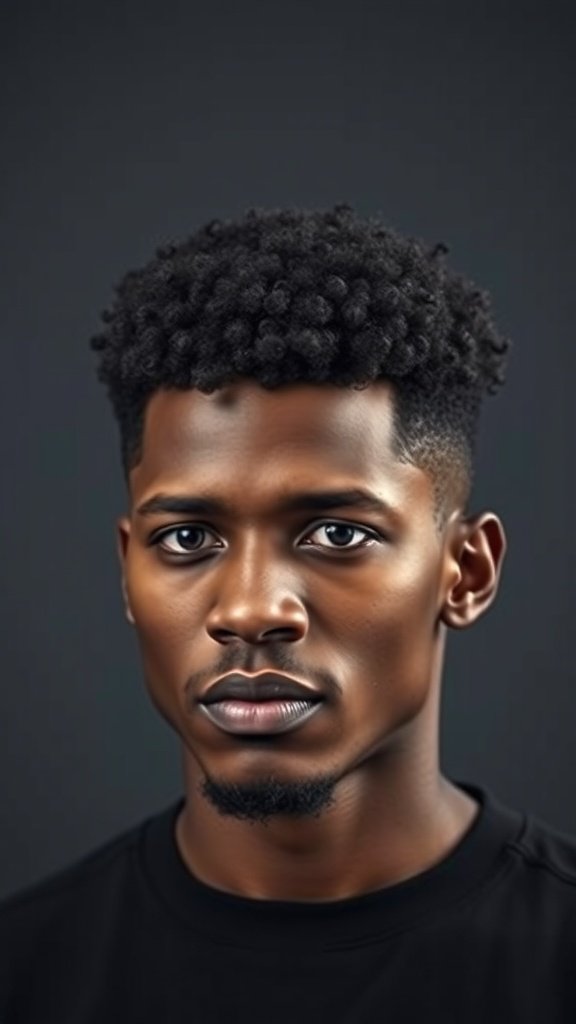 A man with a stylish short afro hairstyle, featuring tight curls on top and faded sides.