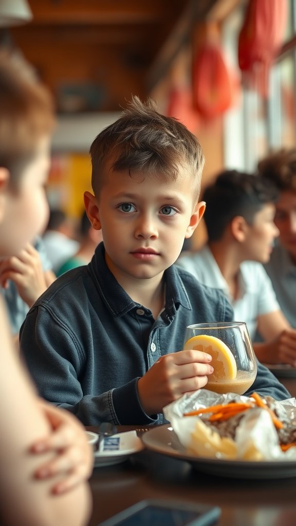 A young boy with a short and choppy haircut sitting at a table, holding a drink.