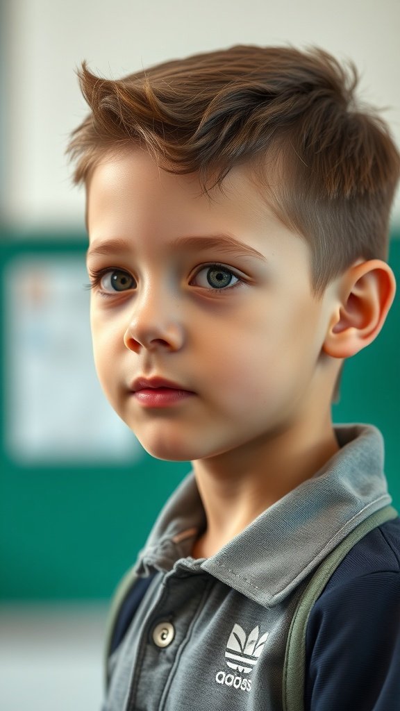 A young boy with a stylish short haircut, looking neat and ready for school.