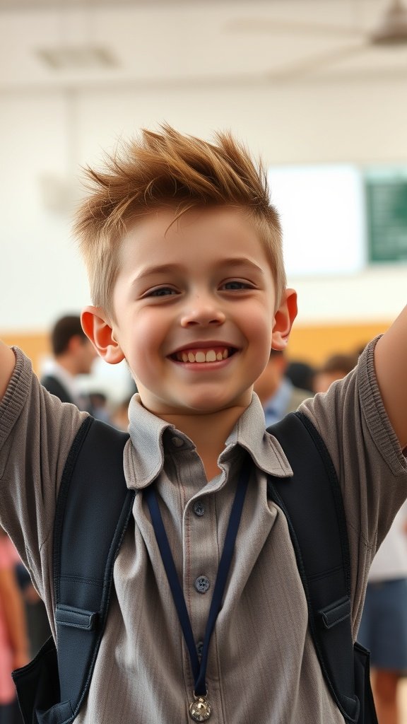 A smiling boy with a short and spiky haircut, wearing a school uniform and a backpack.