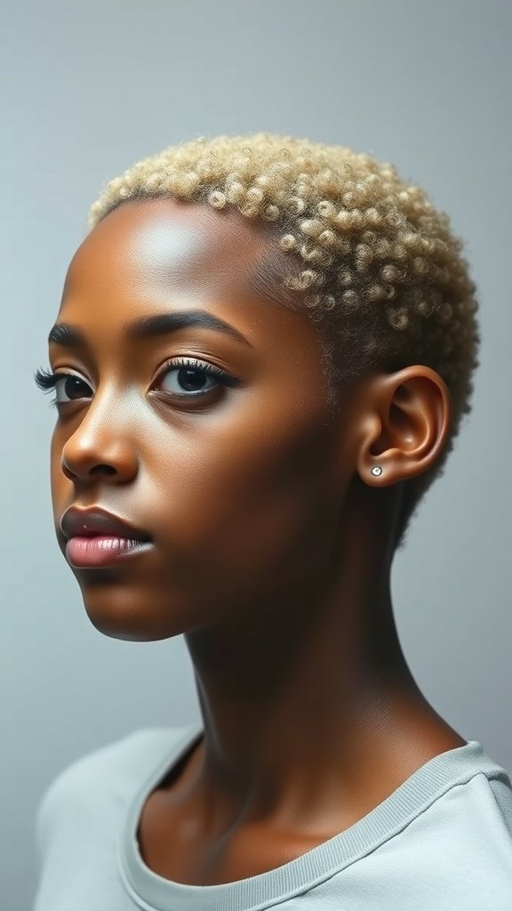 A close-up of a person with a short curly crop hairstyle, showcasing defined curls and a neat appearance.