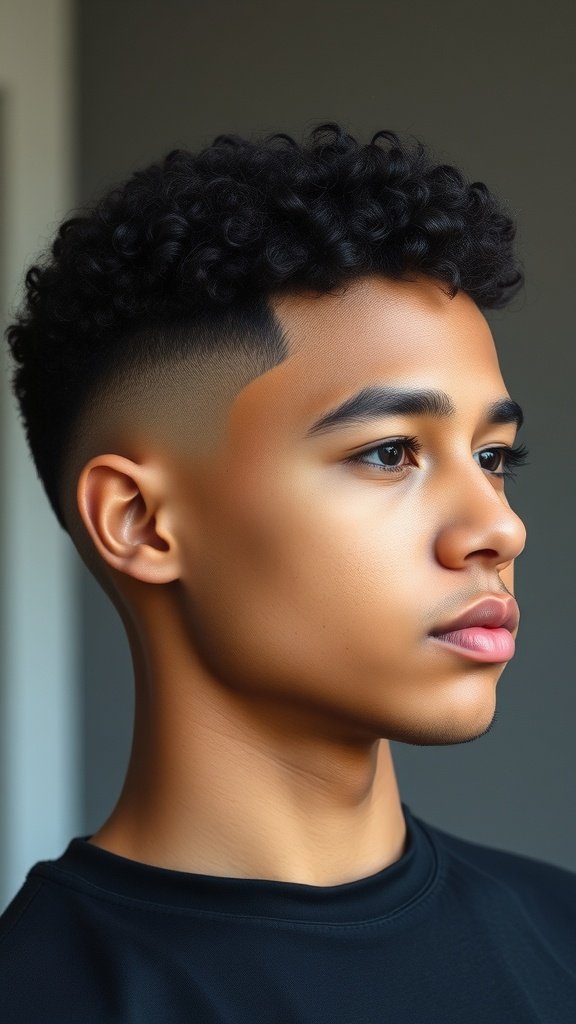 A young man with short curly hair styled with a fade, showcasing a modern and clean haircut.