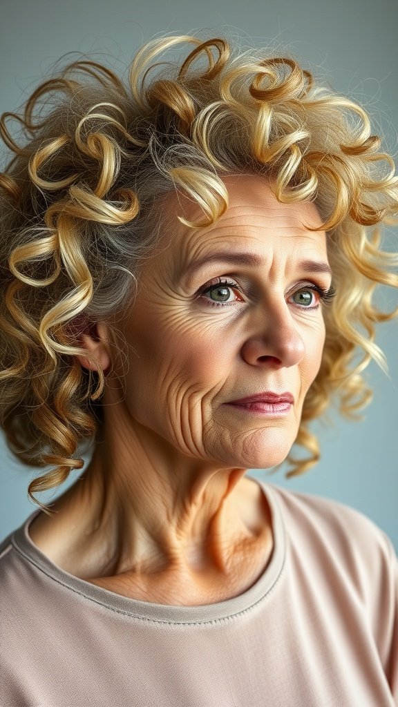 An older woman with short, curly hair, showcasing a vibrant and youthful hairstyle.