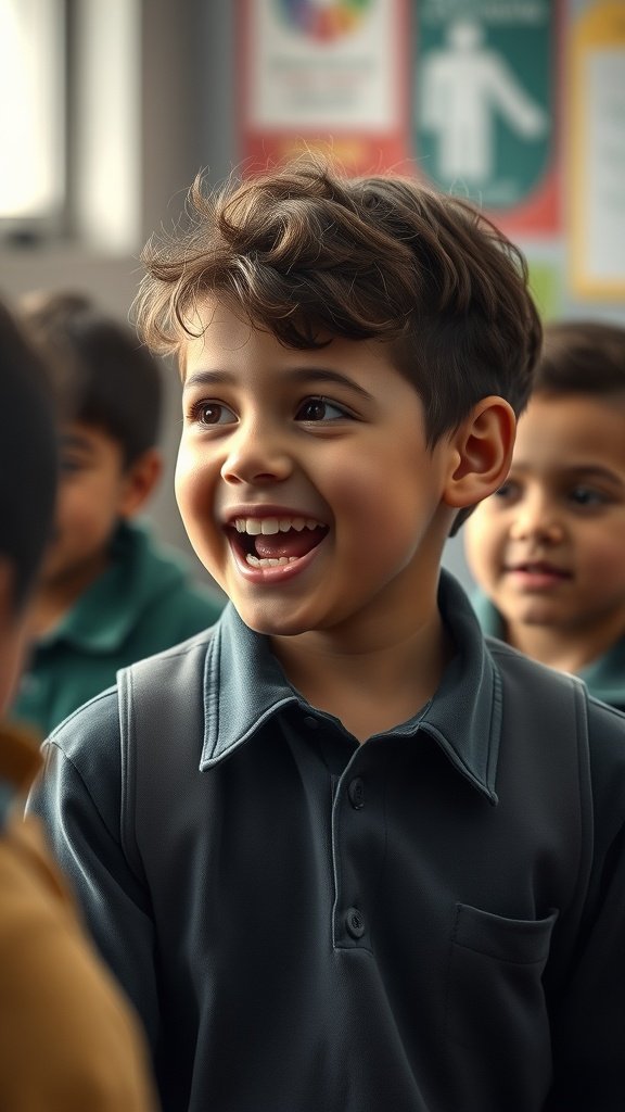 A young boy with a short curly top hairstyle, smiling in a classroom setting.