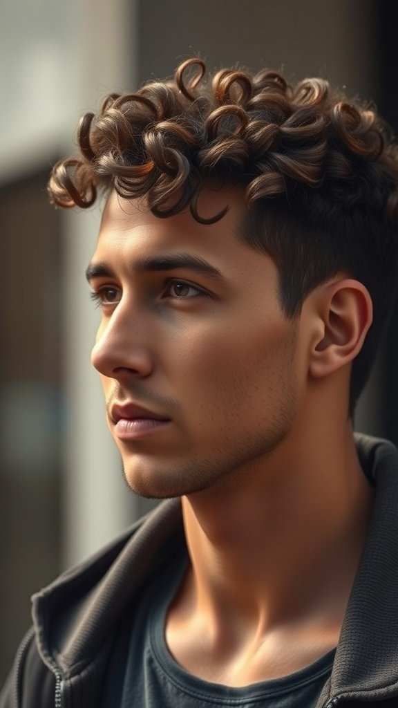 A young man with short curly hair styled on top, showcasing defined curls and shorter sides.