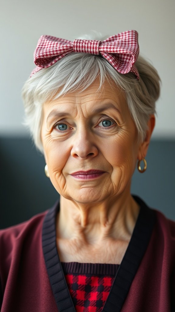 An older woman with short hair and a red and white checkered bow, looking stylish and confident.
