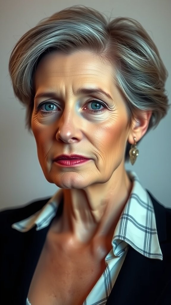 A woman with short hair styled with a deep side part, showcasing a chic and elegant look.