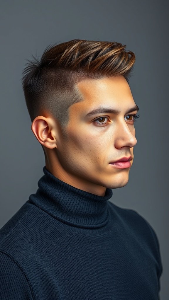 A young man with a stylish short hairstyle featuring a defined shape and clean fade.