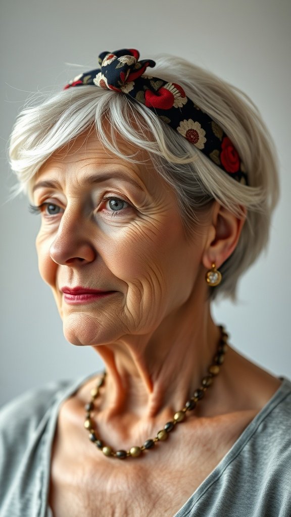 Older woman with short hair and a floral headband, showcasing a stylish look.