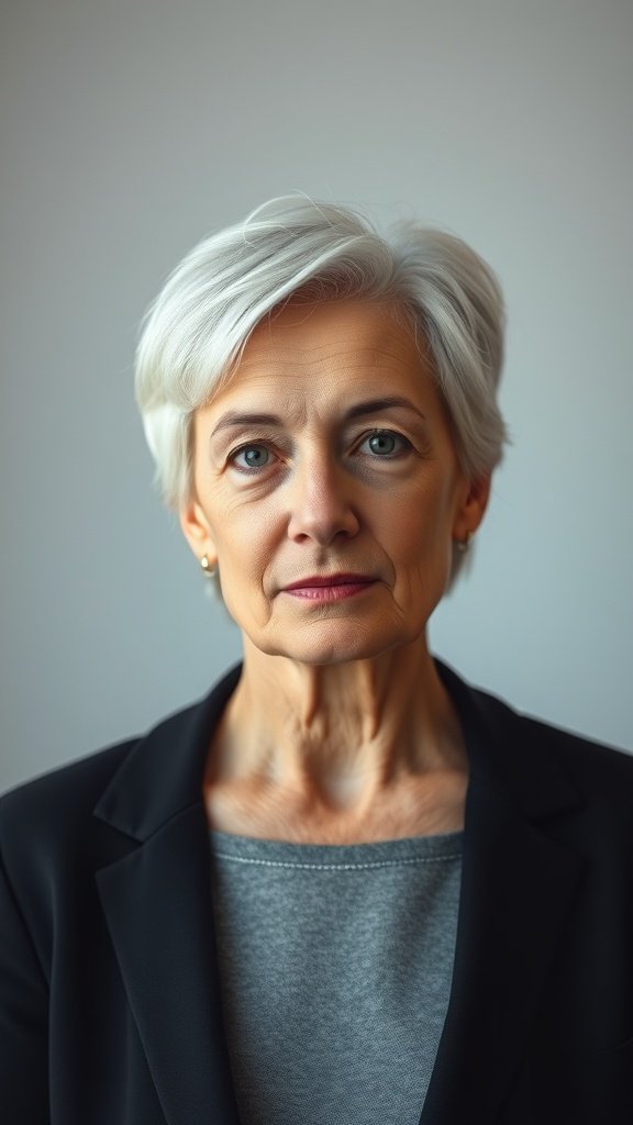 A woman with short silver hair wearing a blazer, showcasing a minimalist hairstyle.