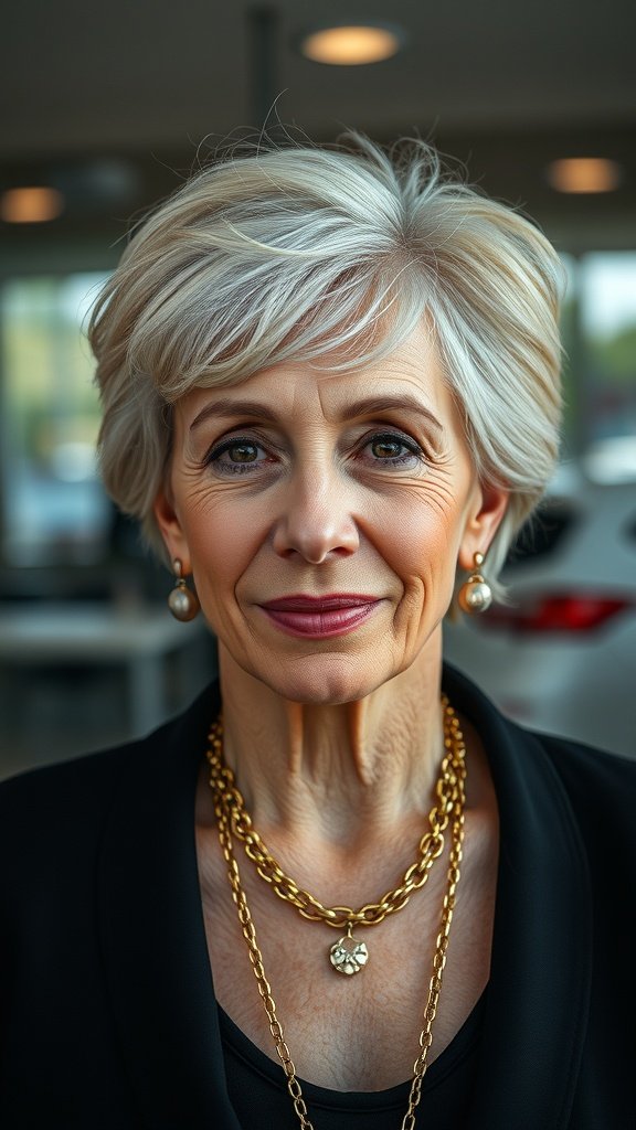 A stylish older woman with short silver hair, wearing elegant jewelry and a black outfit, showcasing a modern haircut.