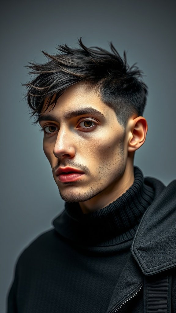 A young man with a modern short hairstyle featuring textured layers and a polished look.