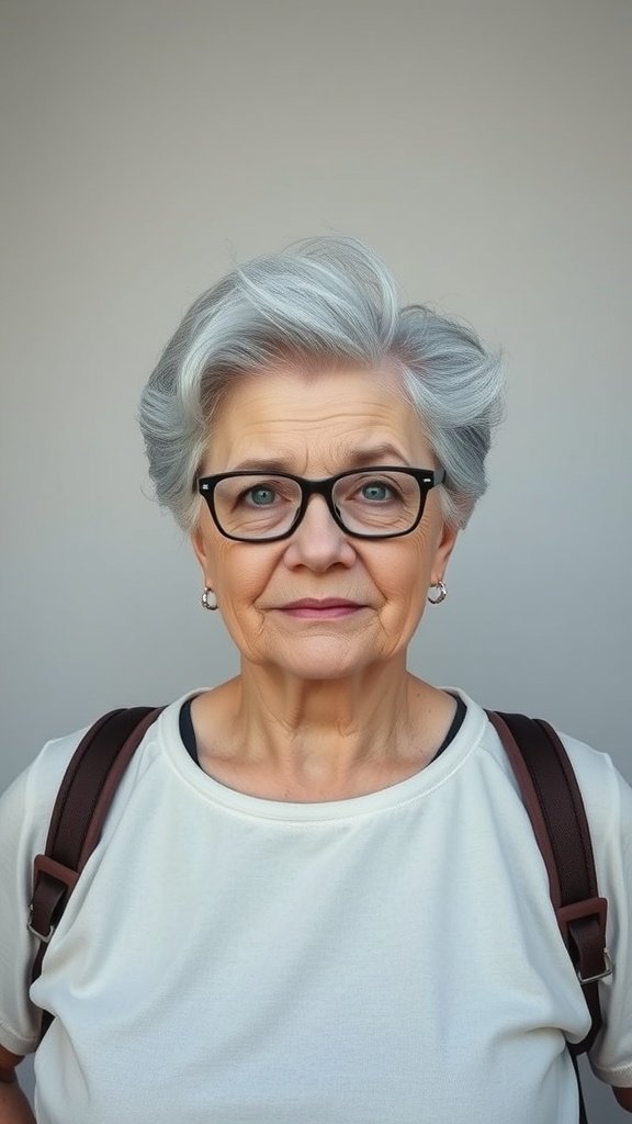 An older woman with short, playful gray hair, wearing glasses and a casual outfit, exuding confidence.