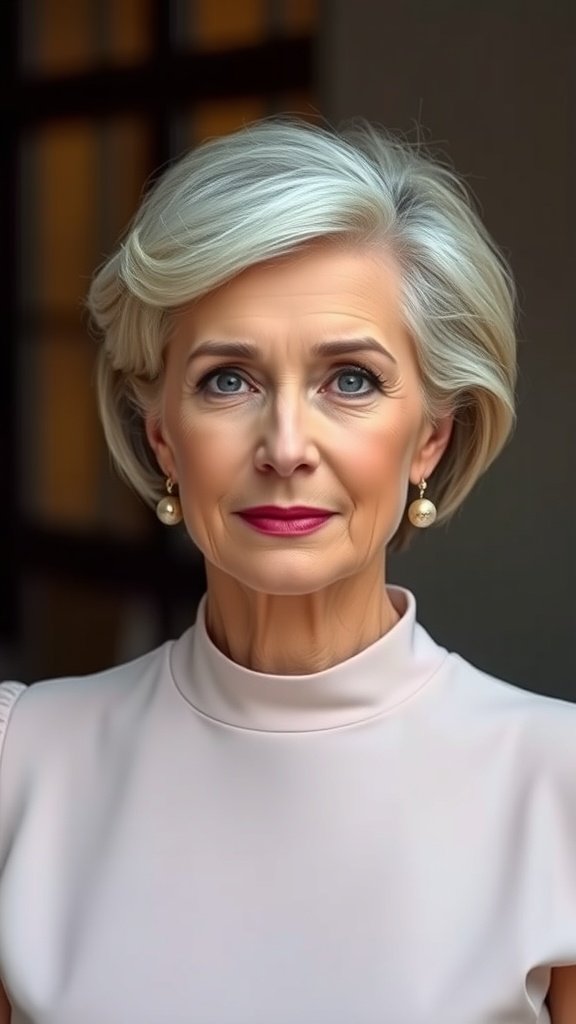 An older woman with a stylish short haircut featuring a side sweep, wearing pearl earrings and a light-colored top.