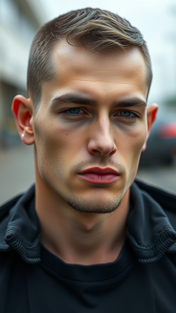 A man with a stylish short taper haircut, showcasing a clean and modern look.