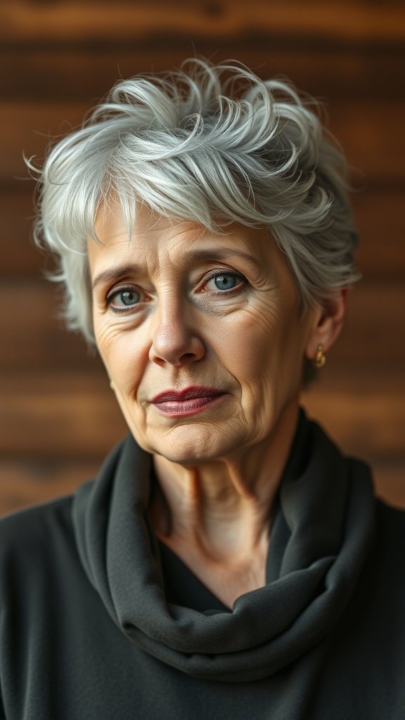 A woman with short, tousled silver hair, wearing a black top with a cowl neckline, looking confidently at the camera.