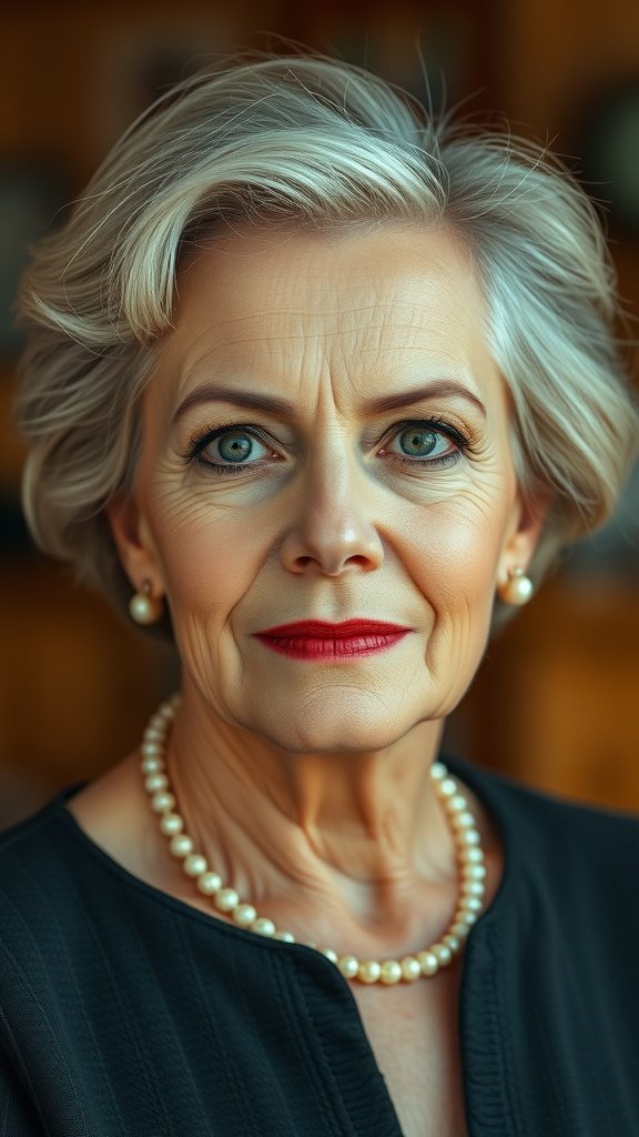 A woman with short, vintage-inspired hair, wearing pearls and red lipstick, exuding elegance.