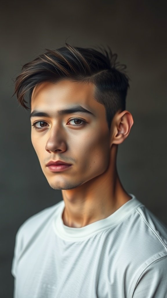 A young man with a stylish short haircut featuring a textured top and faded sides.