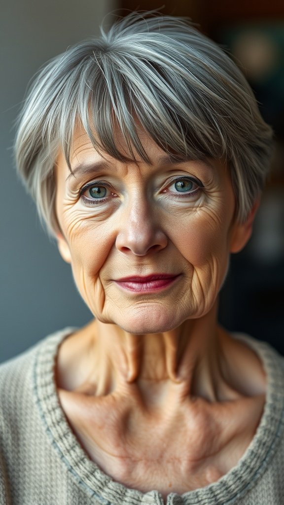 A mature woman with a short haircut and soft bangs, showcasing a youthful and stylish appearance.