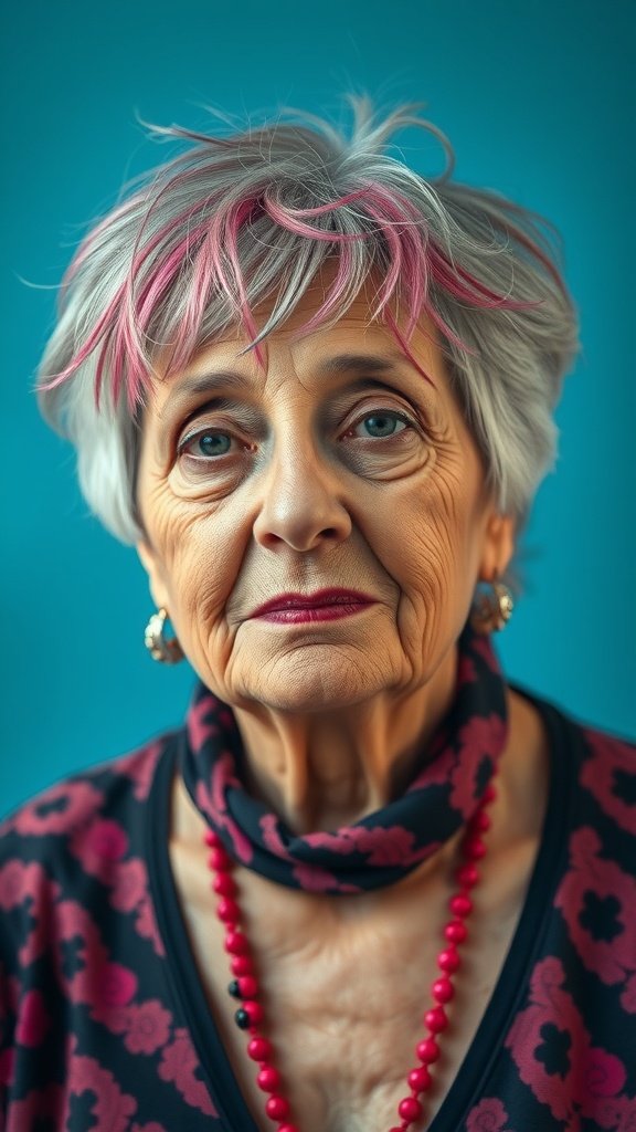 An older woman with short hair featuring pink highlights, wearing a patterned top and necklace, against a blue background.