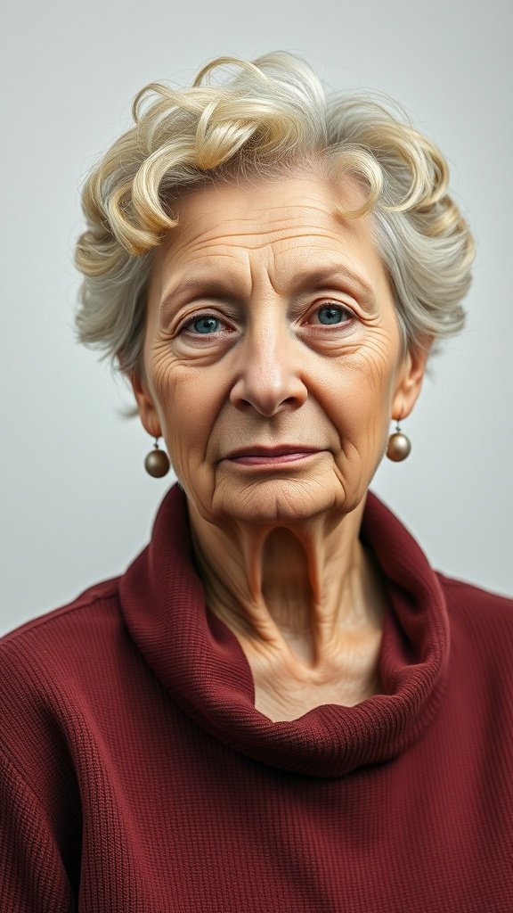 An older woman with short hair styled in soft curls, wearing a maroon sweater and pearl earrings.