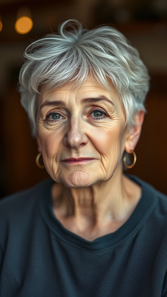 Older woman with short hair and curly fringe, smiling softly
