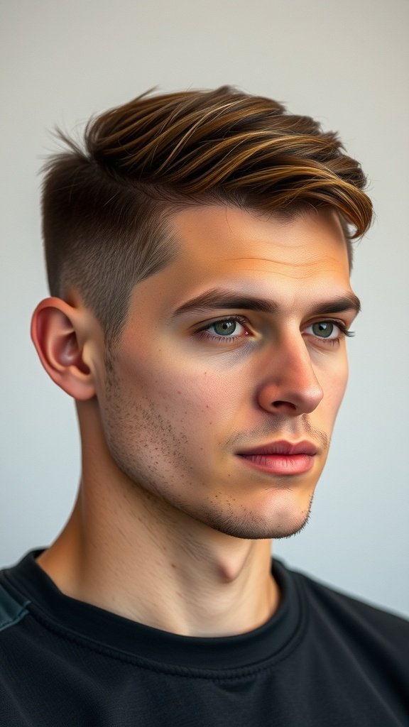A young man with a stylish short haircut featuring a fade, showcasing a modern and clean look.