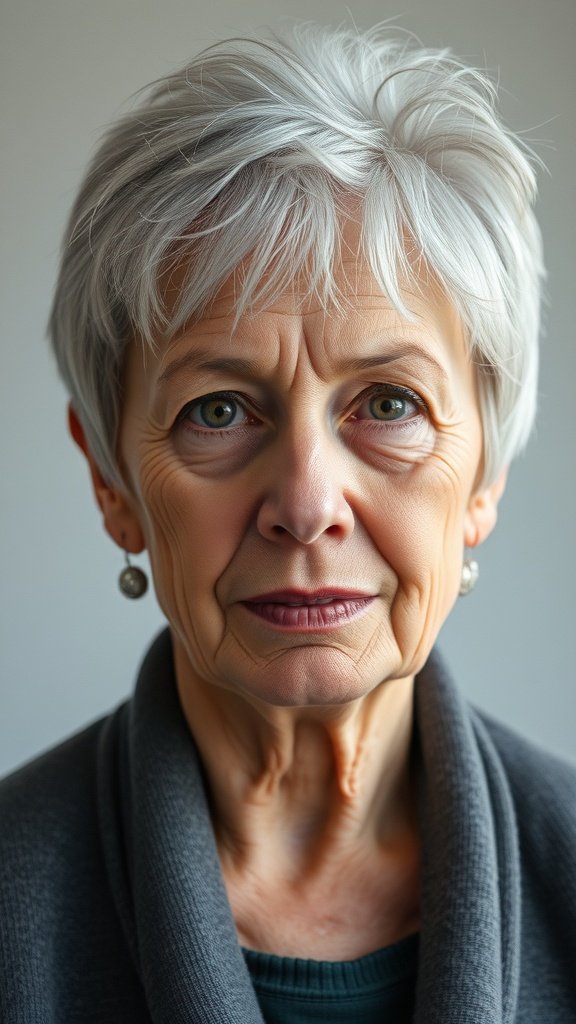 An older woman with short hair and highlights, showcasing a stylish look.