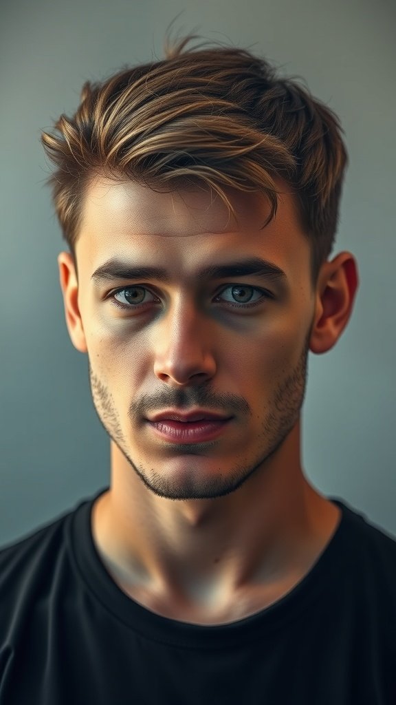 A young man with a stylish short haircut featuring highlights, looking confidently at the camera.