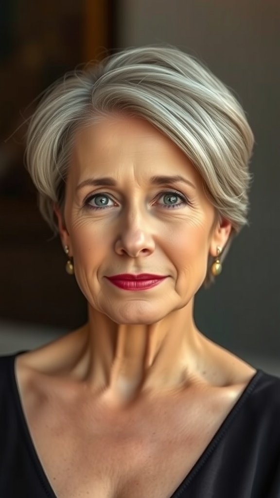 A woman with a stylish short haircut and side part, showcasing elegance and sophistication.