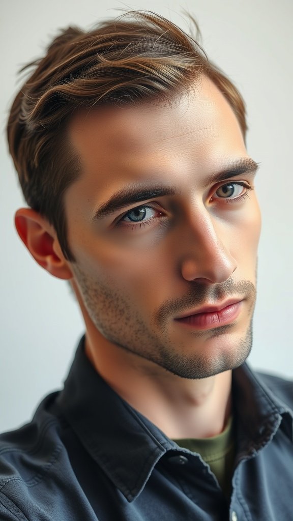 A man with short hair and stylish sideburns, showcasing a modern and clean look.