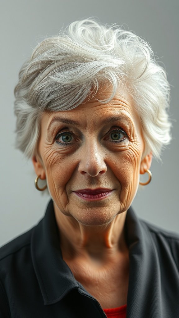 An older woman with short, textured hair, smiling confidently.