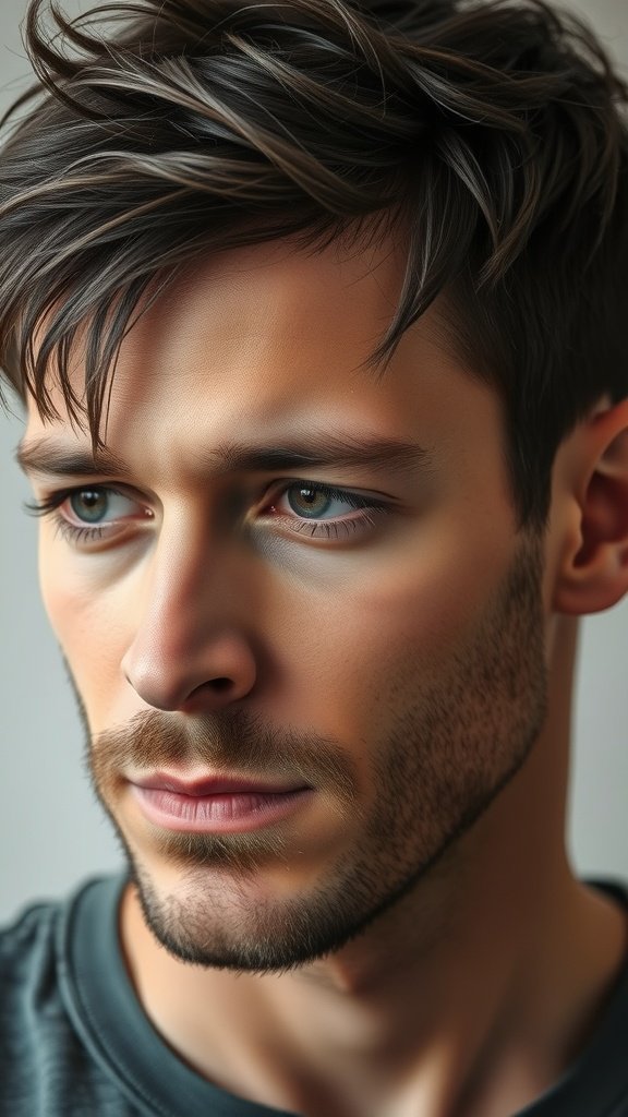 A close-up of a man with short hair styled in textured layers, showcasing a modern and stylish look.