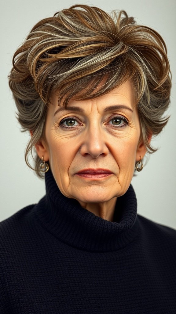 A woman with a stylish short haircut featuring volume and soft waves.