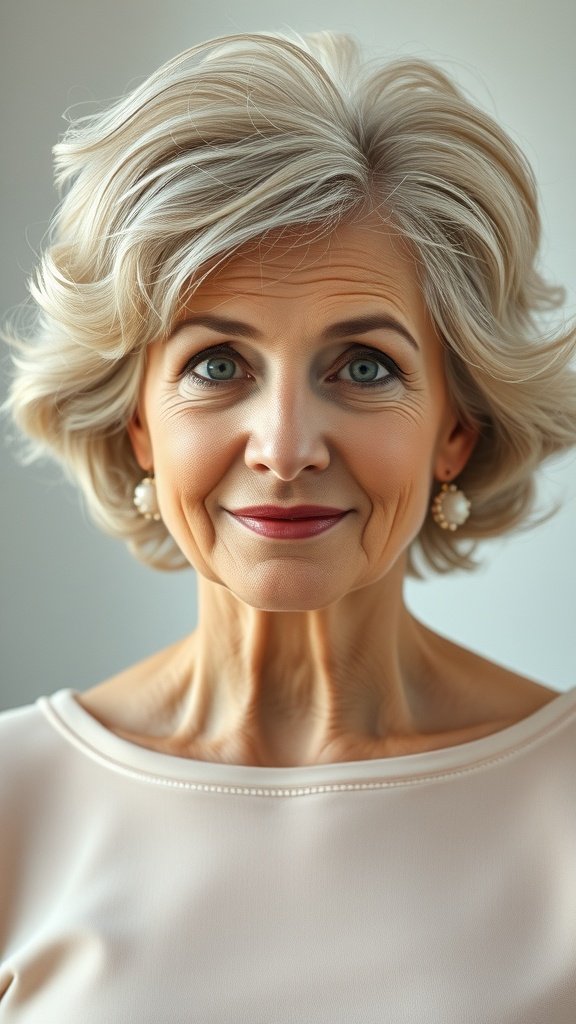 A smiling older woman with short, wavy hair and pearl earrings, showcasing a stylish and youthful look.