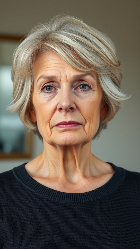 A woman with a short layered haircut, showcasing soft waves and a light color.