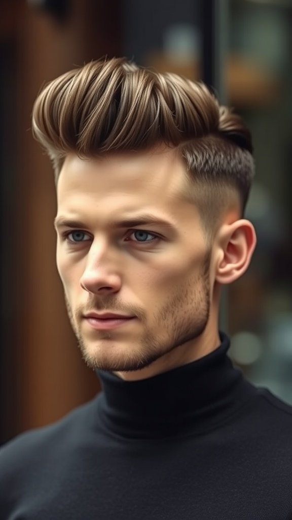 A man with a stylish short pompadour hairstyle, featuring longer hair on top and shorter sides.