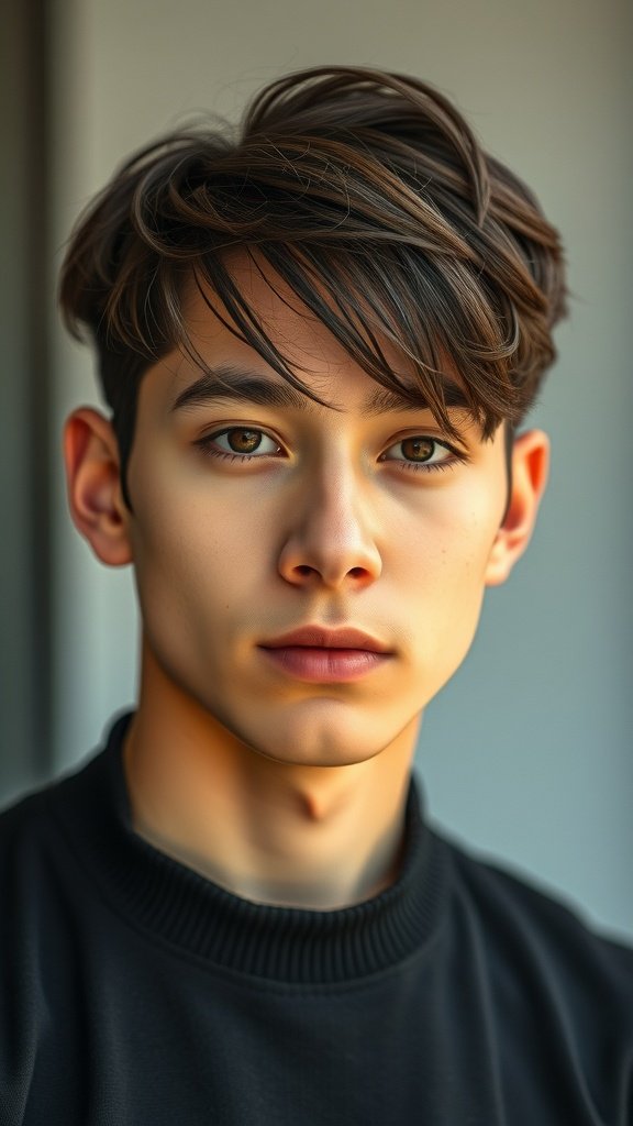 A young man with a stylish short side fringe hairstyle, showcasing a modern and fresh look.