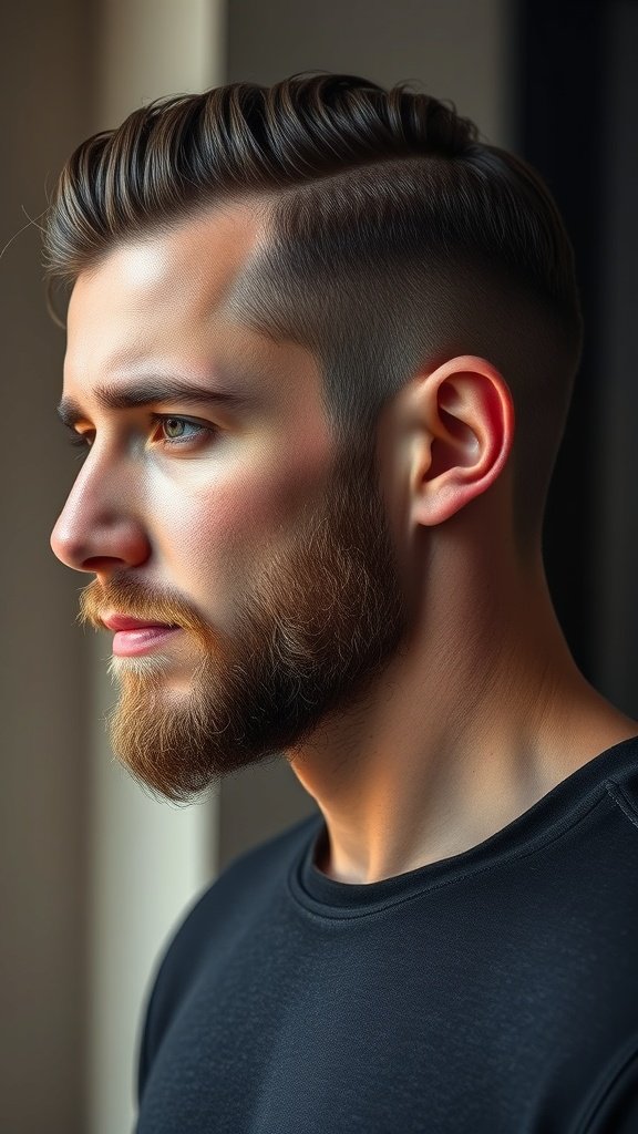 A man with a short side part hairstyle and a well-groomed beard, looking stylish and confident.
