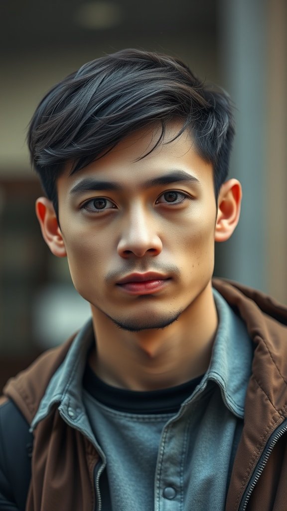 A young man with a short side swept hairstyle, looking confidently at the camera.
