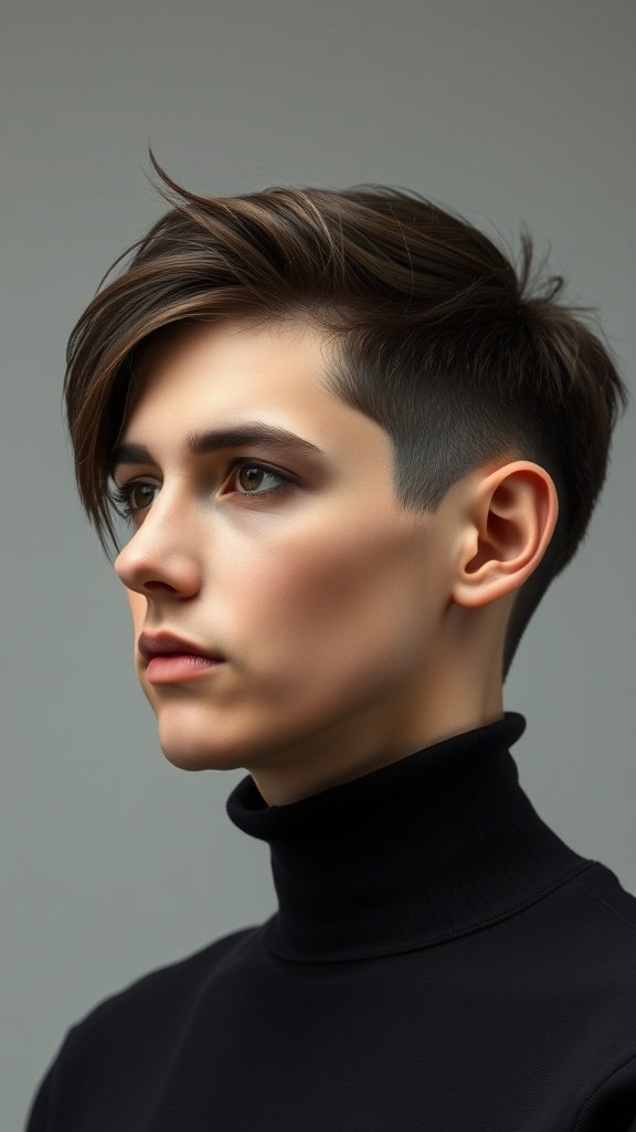 A man with short sides and a long layered top hairstyle, showcasing a modern and stylish look.